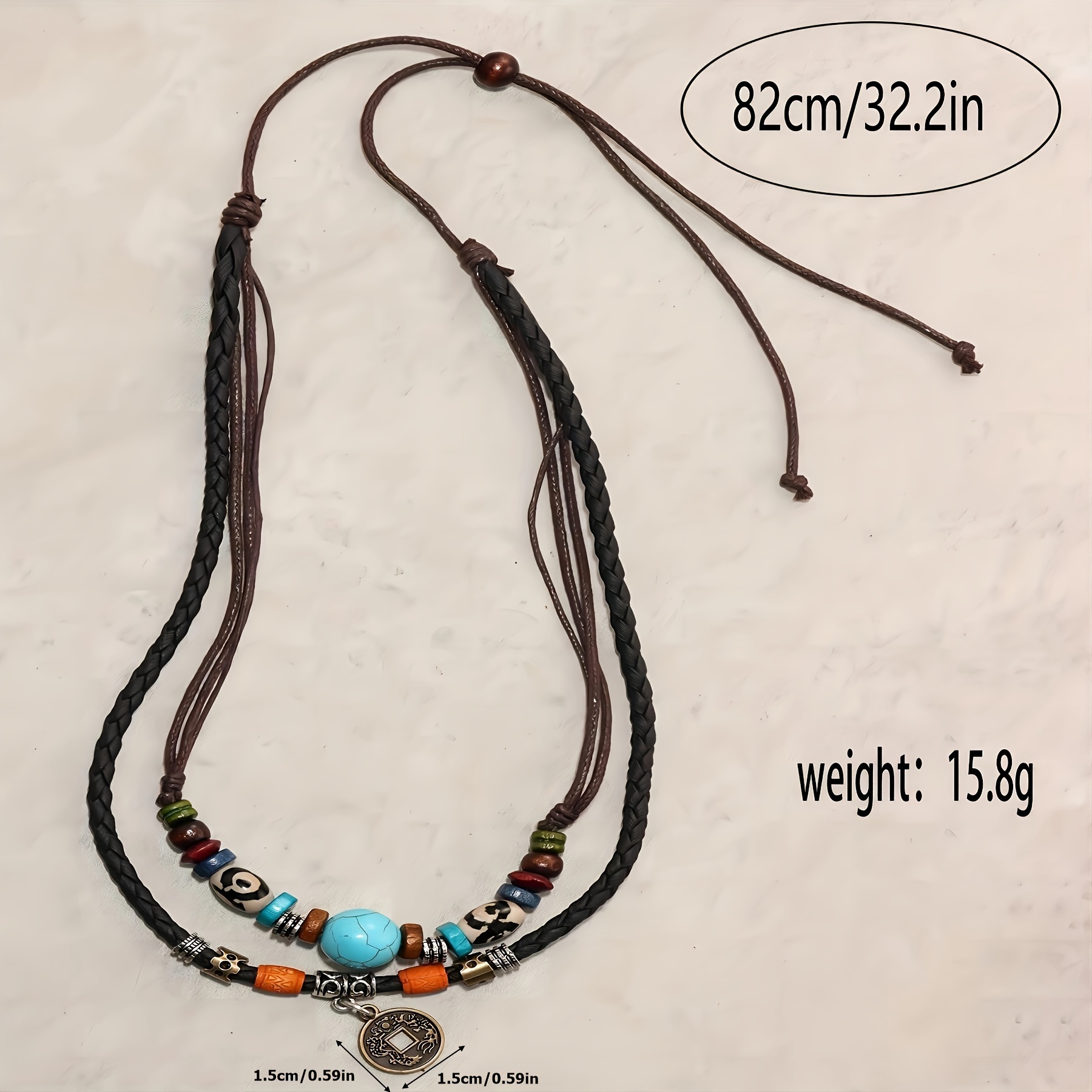 Adjustable Coconut Shell Necklace Turquoise Stone Lucky Coin Pendant